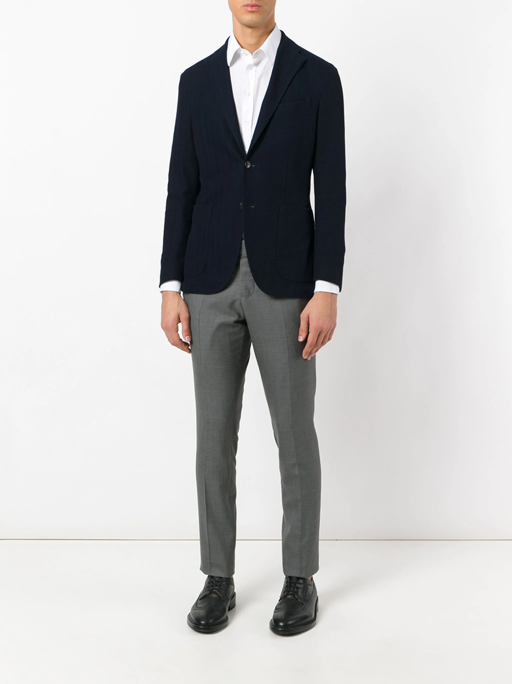Thom Browne Low Rise Slim Trousers in mid-grey, displayed flat against a white background, showing a tapered leg and structured low-rise waistband