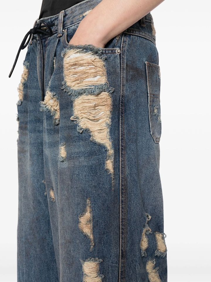 Oil-Washed Distressed Wide Denim Pants