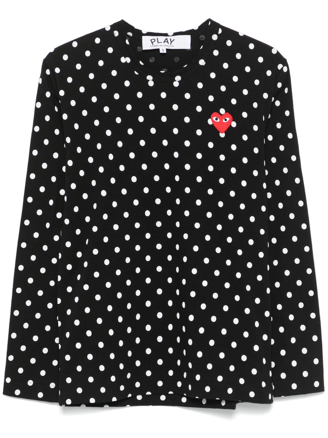 Comme des Garçons PLAY black polka dot long sleeve tee with embroidered red heart logo on chest