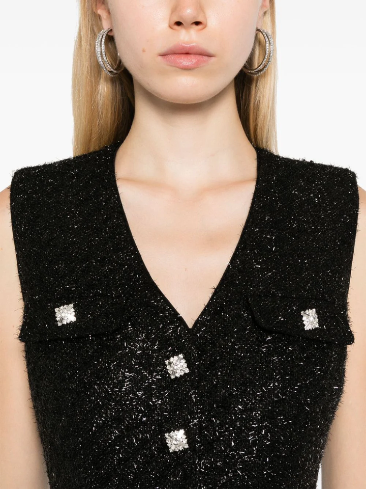 Black Tinsel Boucle Buttoned Midi Dress