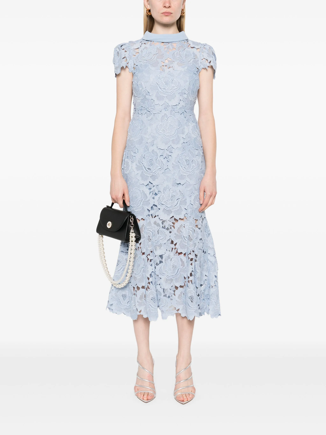 Blue Flower Lace Contrast Collar Midi Dress
