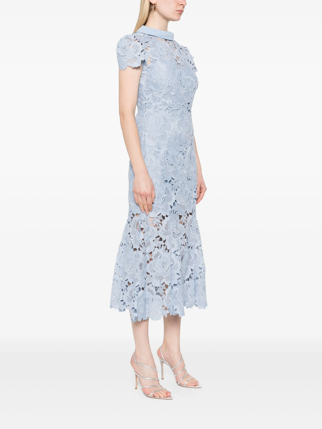 Blue Flower Lace Contrast Collar Midi Dress