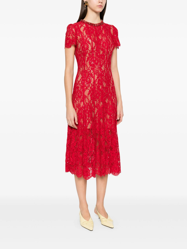 Red Sequin Lace Midi Dress