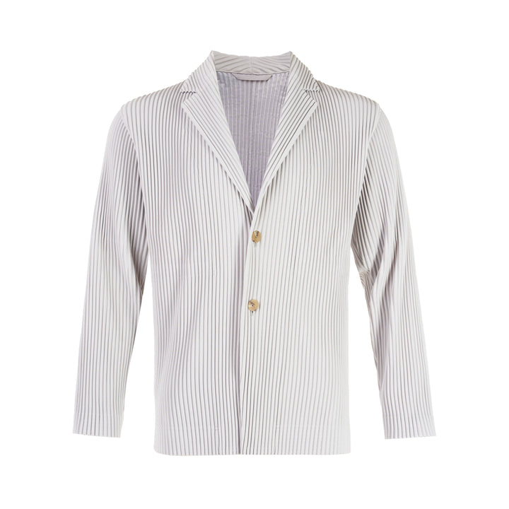 Homme Plissé Issey Miyake two-button pleated blazer in light grey with notch lapels and gold-tone buttons, flat lay on white background