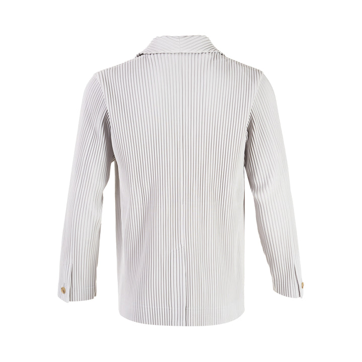 Homme Plissé Issey Miyake two-button pleated blazer in light grey with notch lapels and gold-tone buttons, flat lay on white background