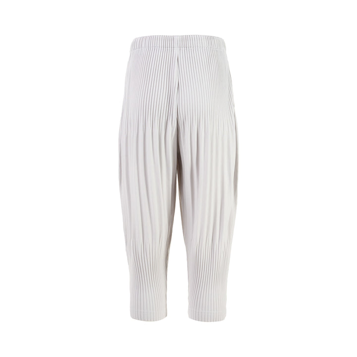 Homme Plissé Issey Miyake Long Wide Pleated Pants in black with all-over vertical pleating and tapered leg, front view on white background.
