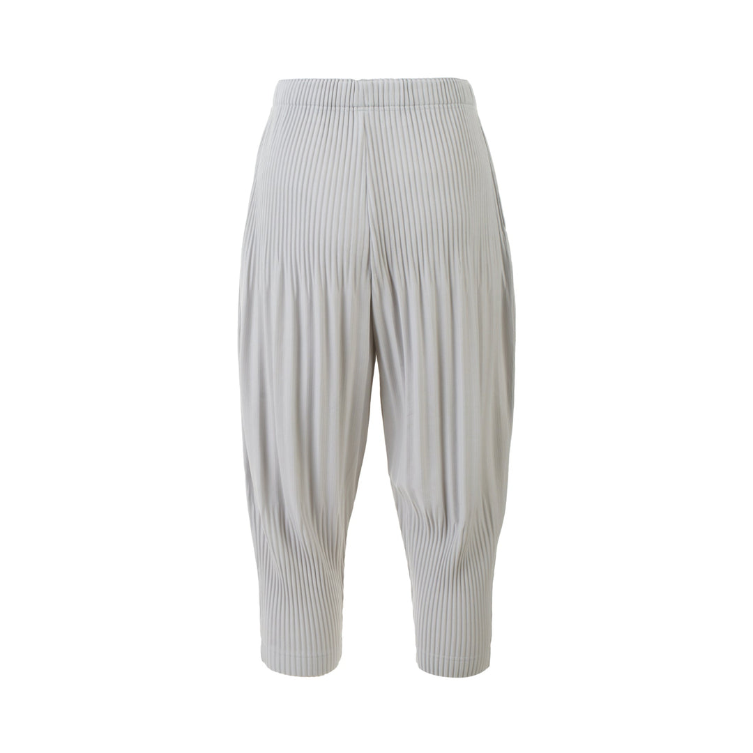 Homme Plissé Issey Miyake Long Wide Pleated Pants in black with all-over vertical pleating and tapered leg, front view on white background.