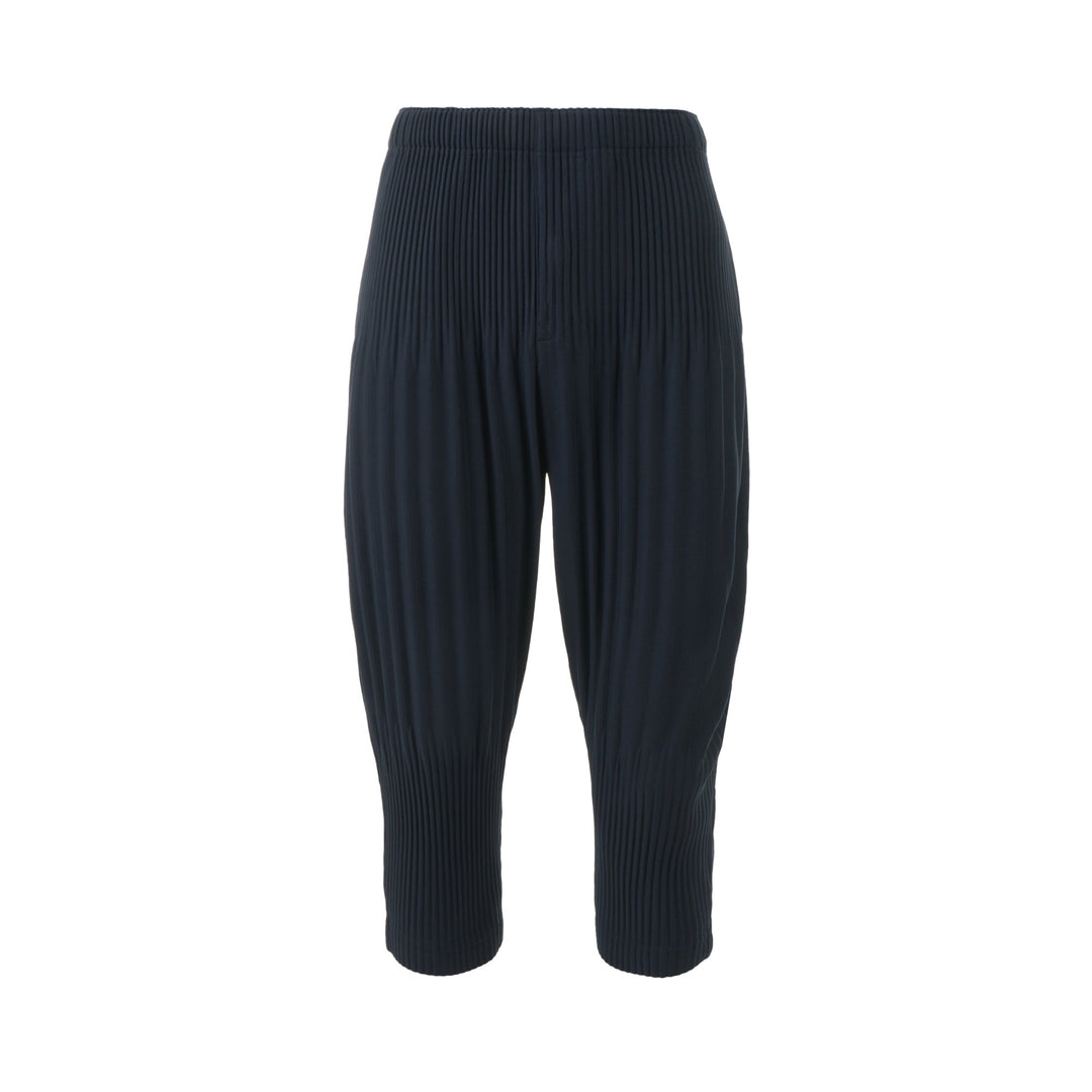 Homme Plissé Issey Miyake Long Wide Pleated Pants in black with all-over vertical pleating and tapered leg, front view on white background.