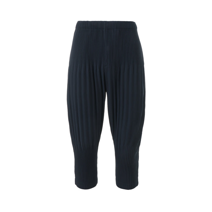 Homme Plissé Issey Miyake Long Wide Pleated Pants in black with all-over vertical pleating and tapered leg, front view on white background.
