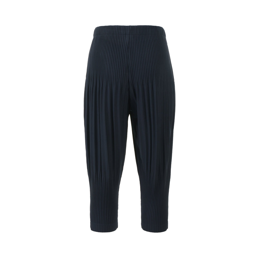 Homme Plissé Issey Miyake Long Wide Pleated Pants in black with all-over vertical pleating and tapered leg, front view on white background.