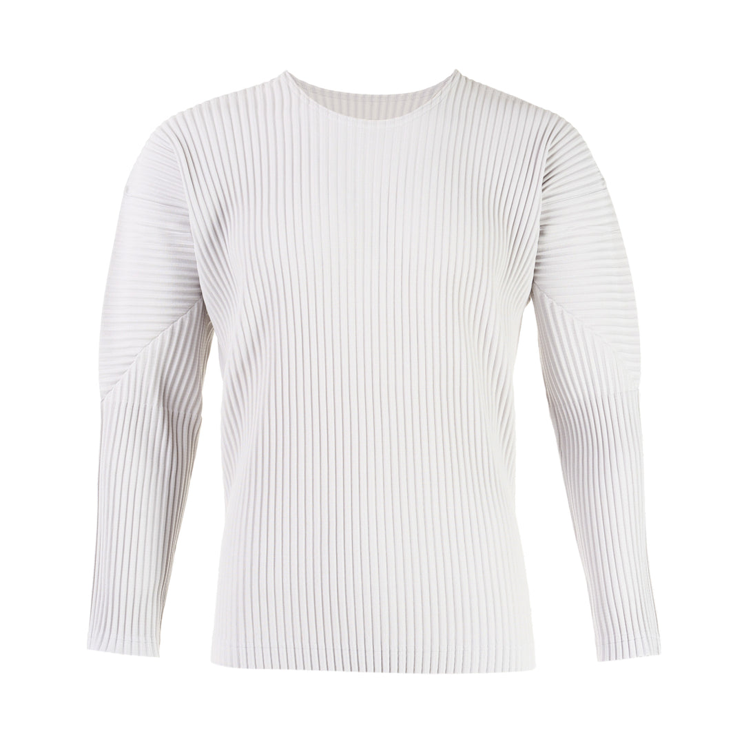Homme Plissé Issey Miyake black ribbed long sleeve round neck top with signature pleated texture, laid flat on white background
