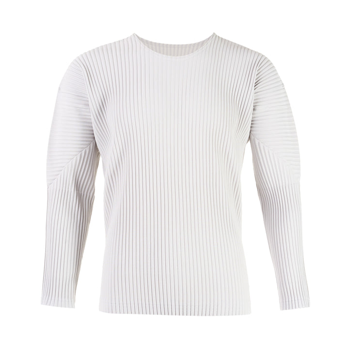 Homme Plissé Issey Miyake black ribbed long sleeve round neck top with signature pleated texture, laid flat on white background