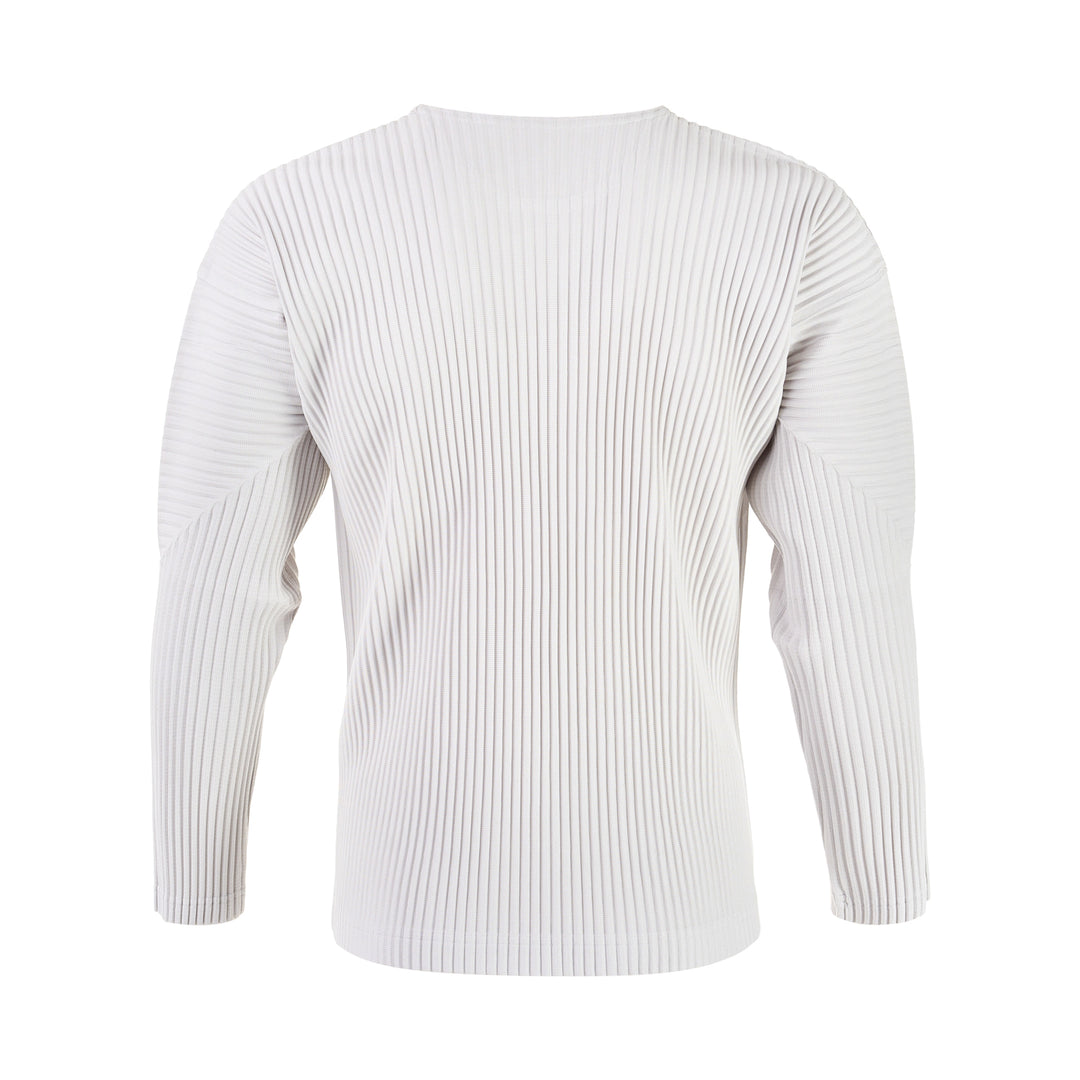 Homme Plissé Issey Miyake black ribbed long sleeve round neck top with signature pleated texture, laid flat on white background