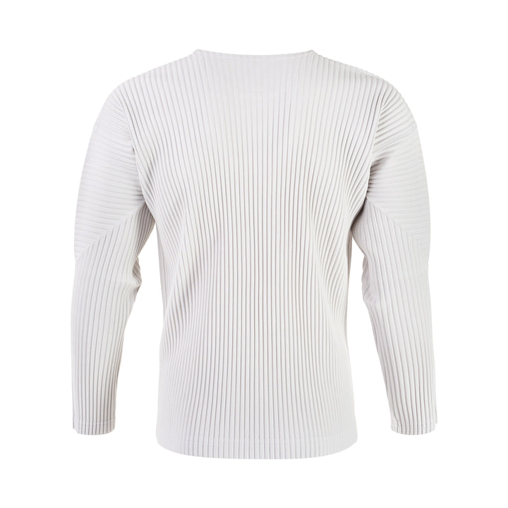 Homme Plissé Issey Miyake black ribbed long sleeve round neck top with signature pleated texture, laid flat on white background