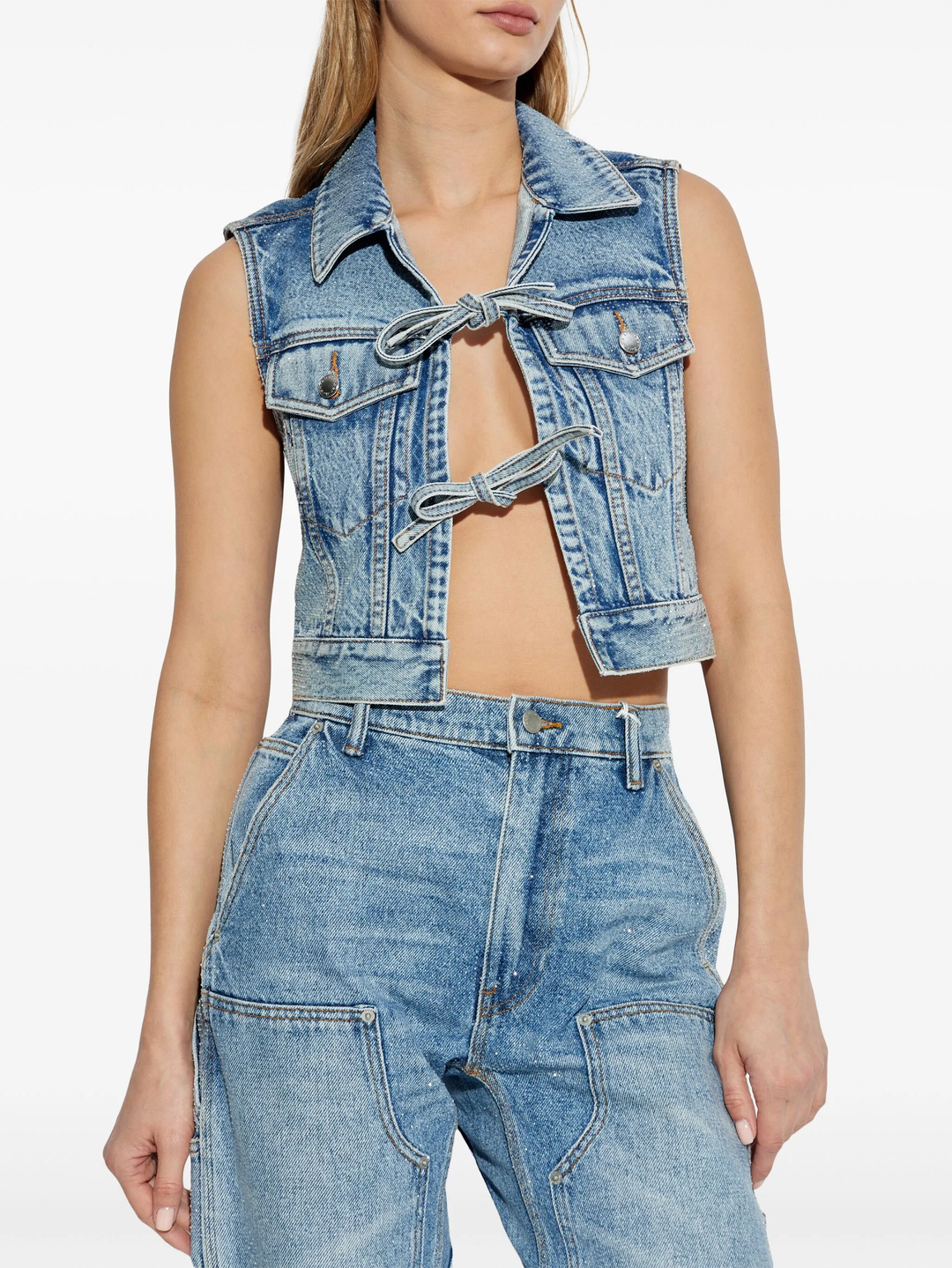 Clear Bead Hotfix Denim Vest With Tie Front
