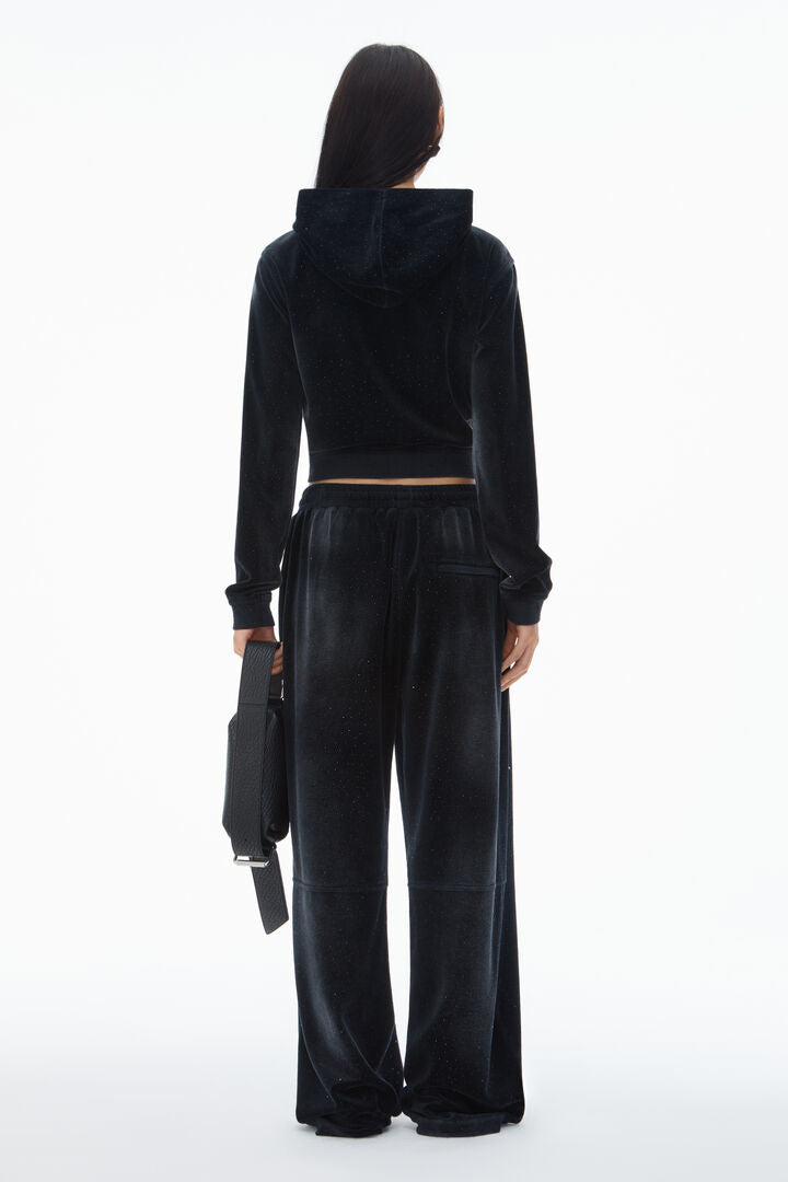 クリッシュドベロアのクリアビーズホットフィックス付きスウェットパンツ