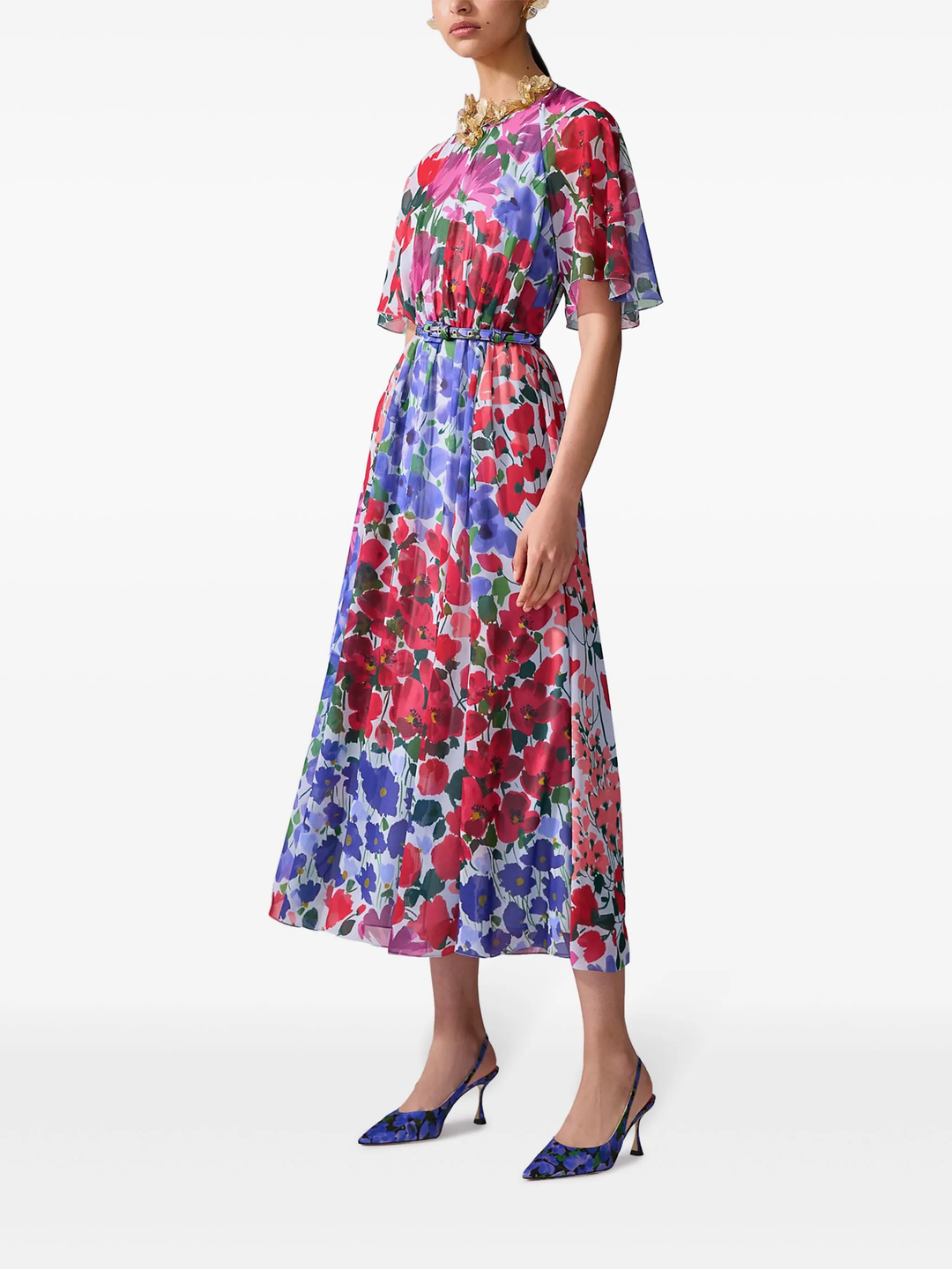Short Sleeve Gathered Crewneck Midi Dress