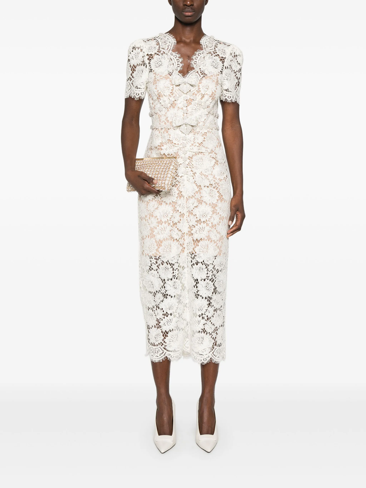 Cream Fine Lace Pearl Midi Dress