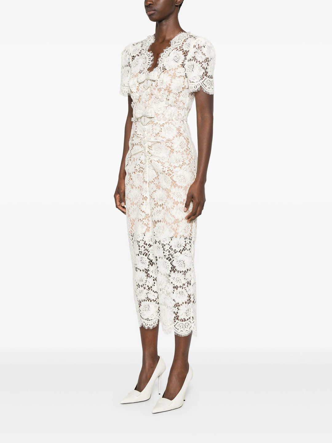 Cream Fine Lace Pearl Midi Dress