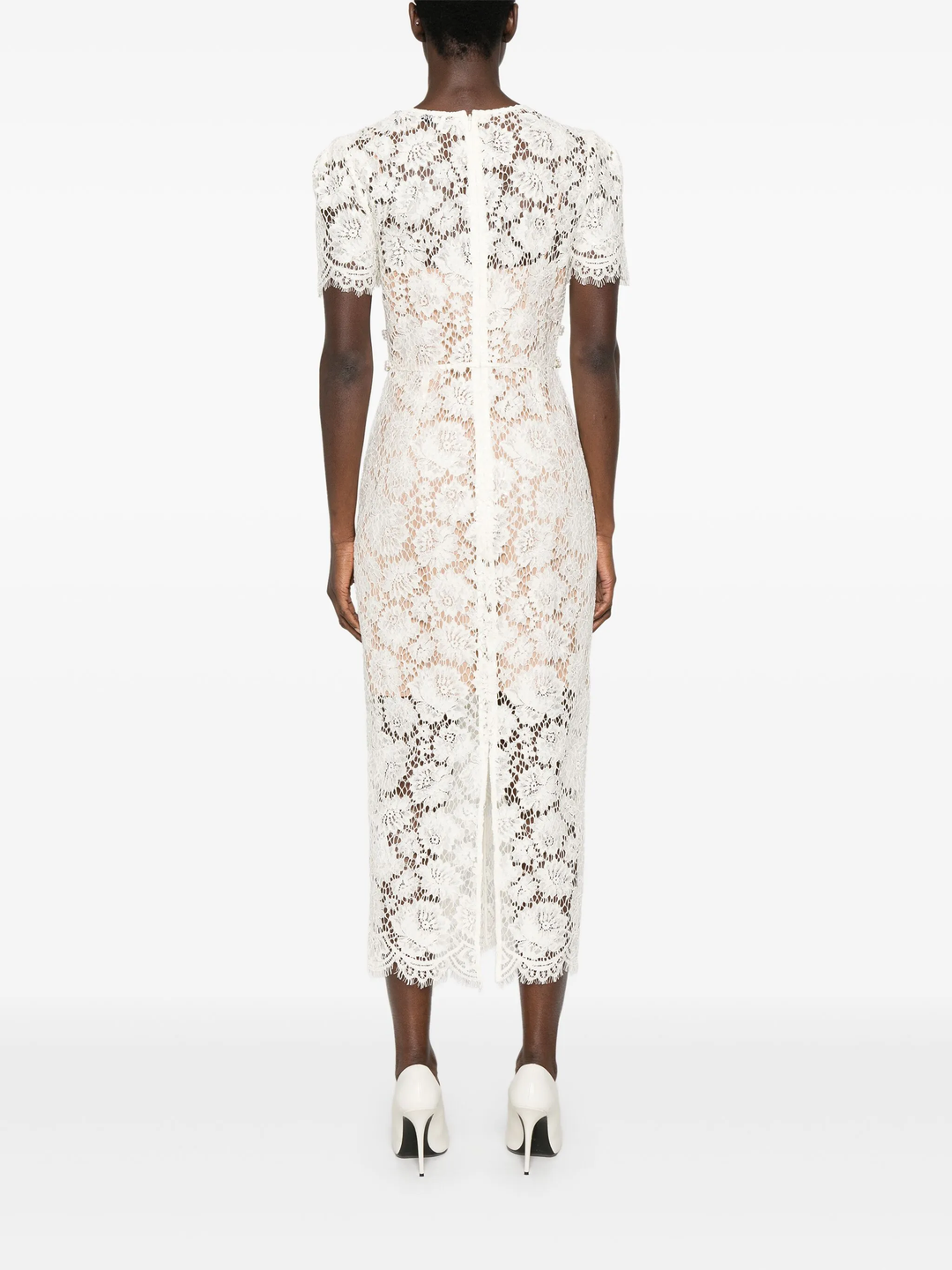 Cream Fine Lace Pearl Midi Dress