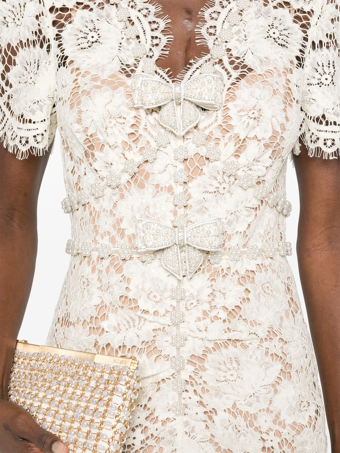 Cream Fine Lace Pearl Midi Dress