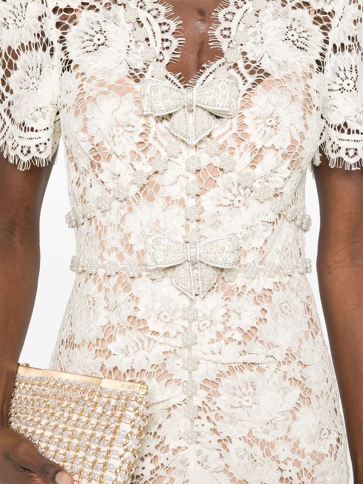 Cream Fine Lace Pearl Midi Dress