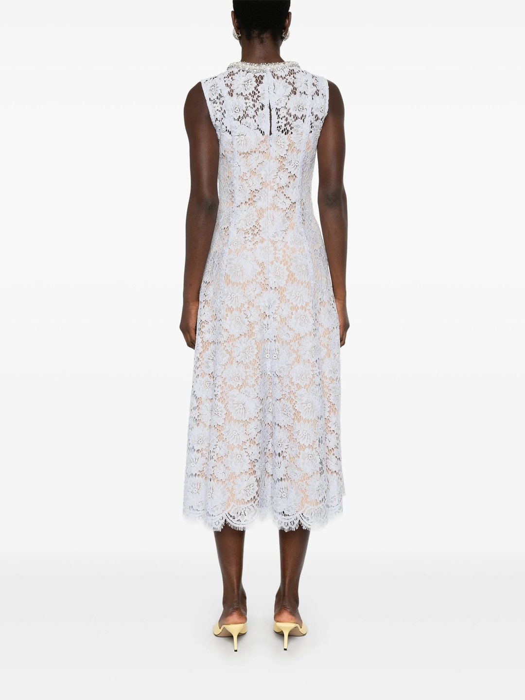 Blue Fine Lace Pearl Midi Dress