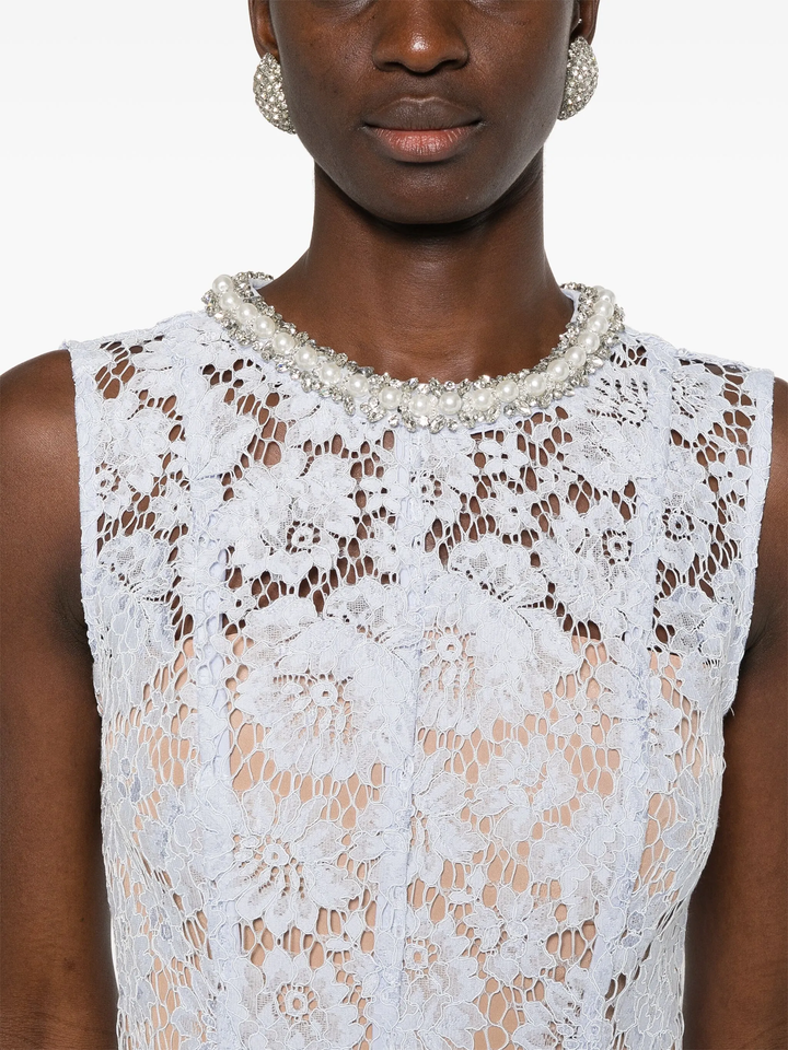 Blue Fine Lace Pearl Midi Dress