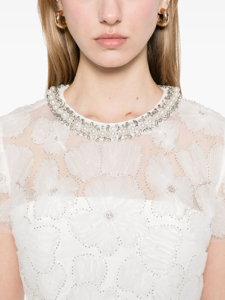White Embellished Tulle Midi Dress