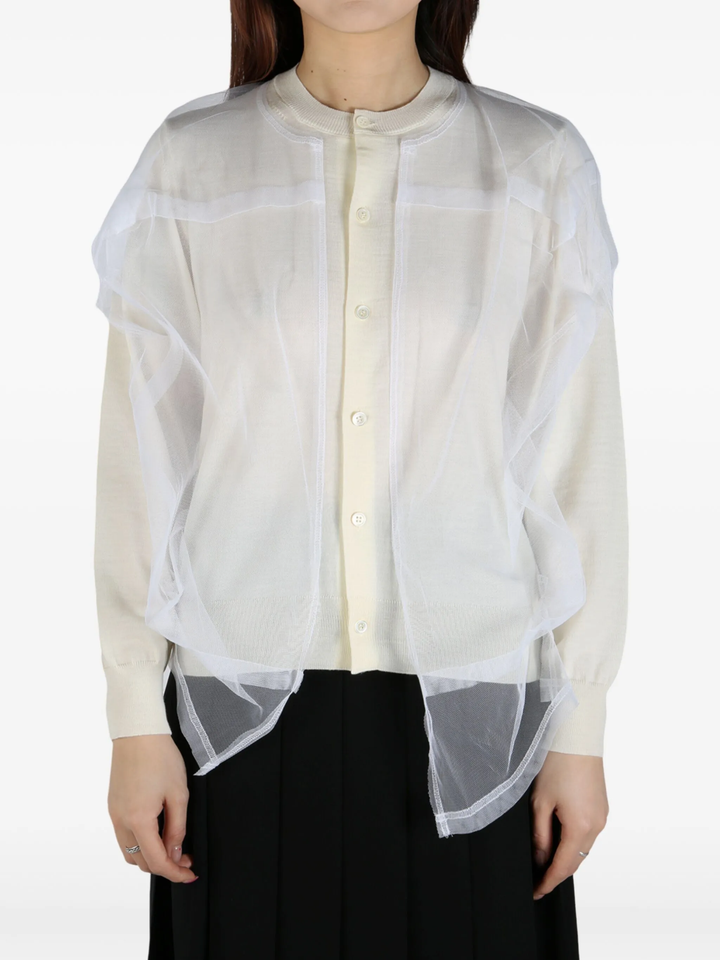 Worsted Wool Jersey X Nylon Tulle Cardigan