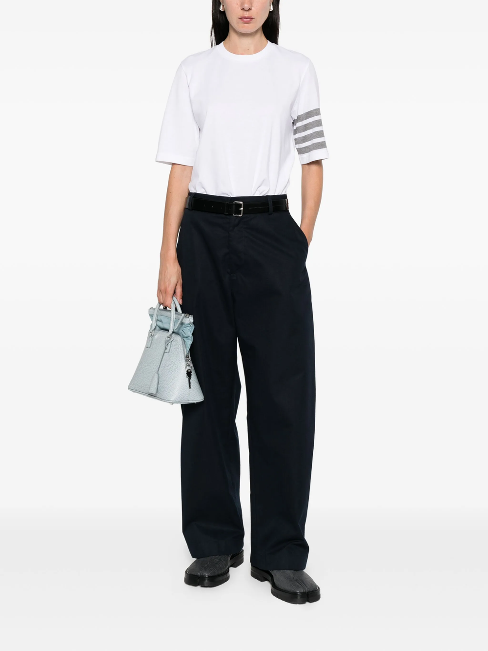Thom Browne white jersey short sleeve tee with grey 4-bar stripe detail on sleeve and RWB grosgrain trim at collar and hem