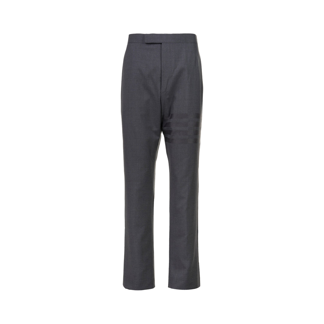 Thom Browne Plain Weave 4-Bar Trousers in medium grey with tonal stripe detail and turn-up cuffs