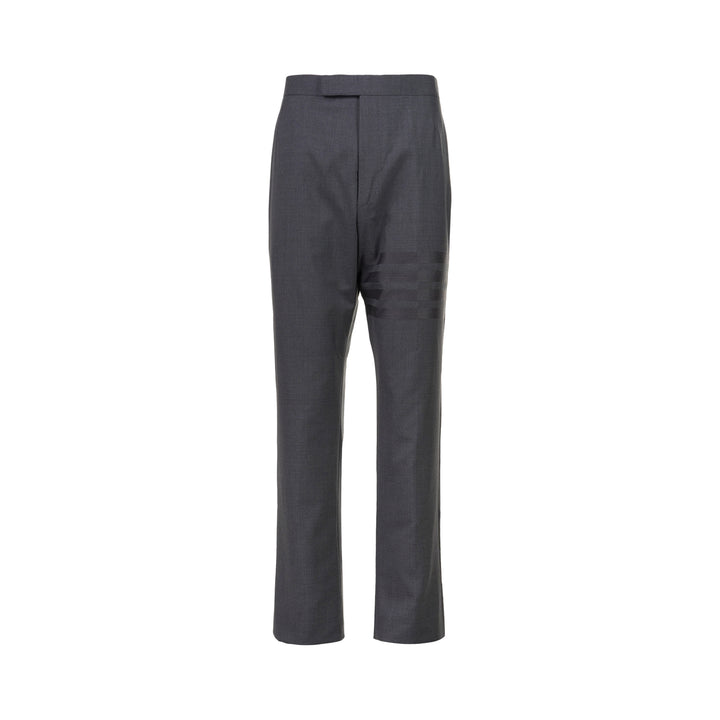 Thom Browne Plain Weave 4-Bar Trousers in medium grey with tonal stripe detail and turn-up cuffs