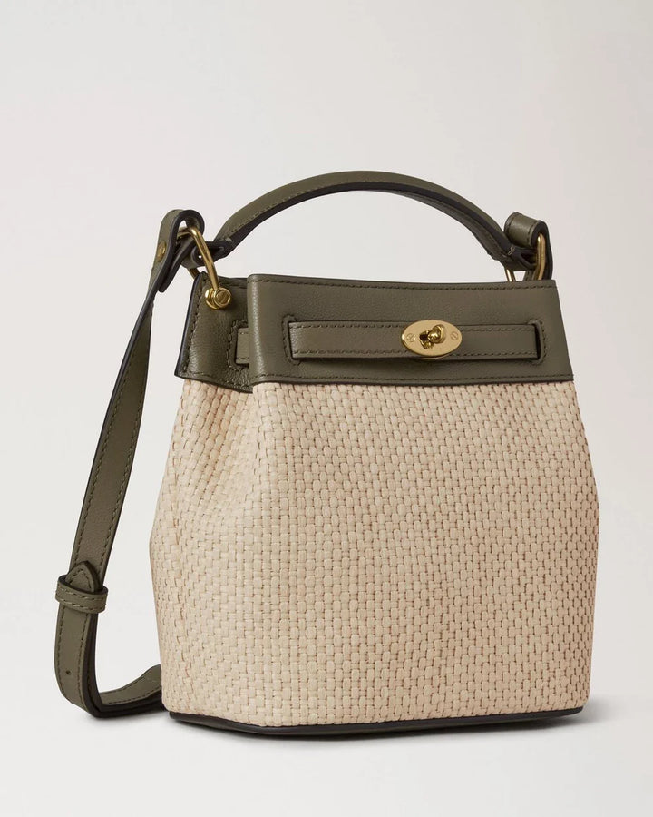 دلو ميني إسلينغتون من الكتان الأخضر والرافيا الطبيعية والجلد