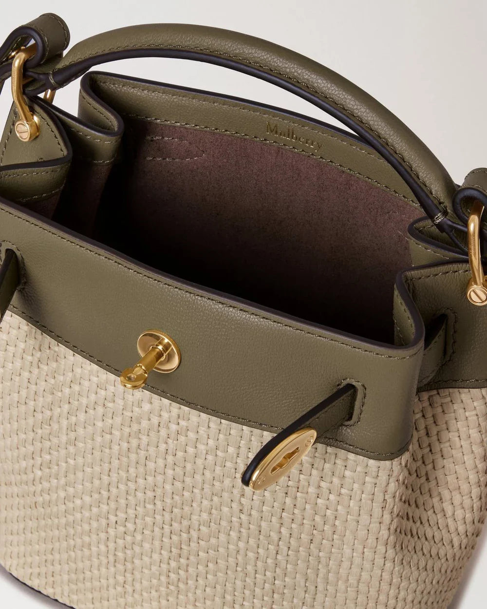 دلو ميني إسلينغتون من الكتان الأخضر والرافيا الطبيعية والجلد