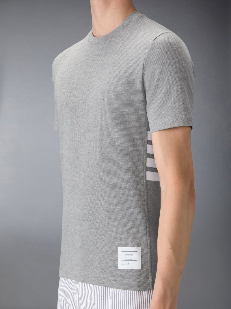 Thom Browne Classic Piqué 4-Bar Tee in light blue with signature stripe collar and woven hem label, front view