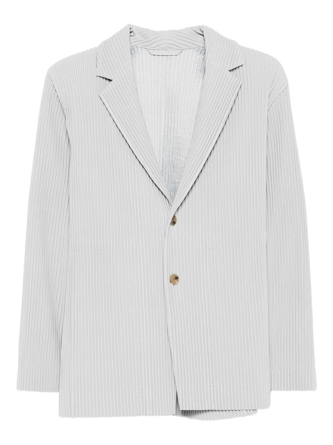Homme Plissé Issey Miyake light grey pleated two-button jacket with notch lapels and gold-tone buttons, laid flat on white background