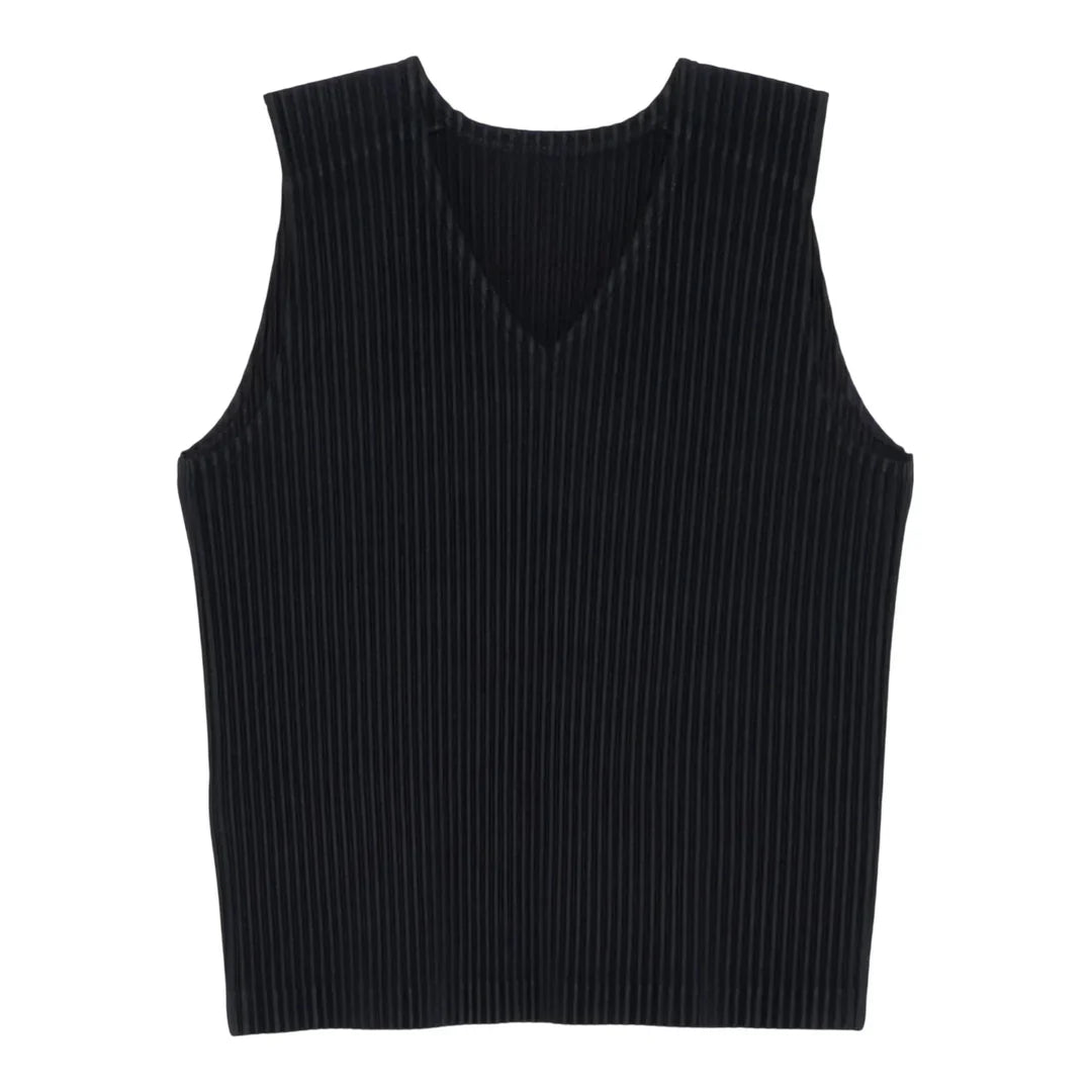 Homme Plissé Issey Miyake black pleated V-neck vest with vertical accordion pleats and sleeveless silhouette, flat lay on white background
