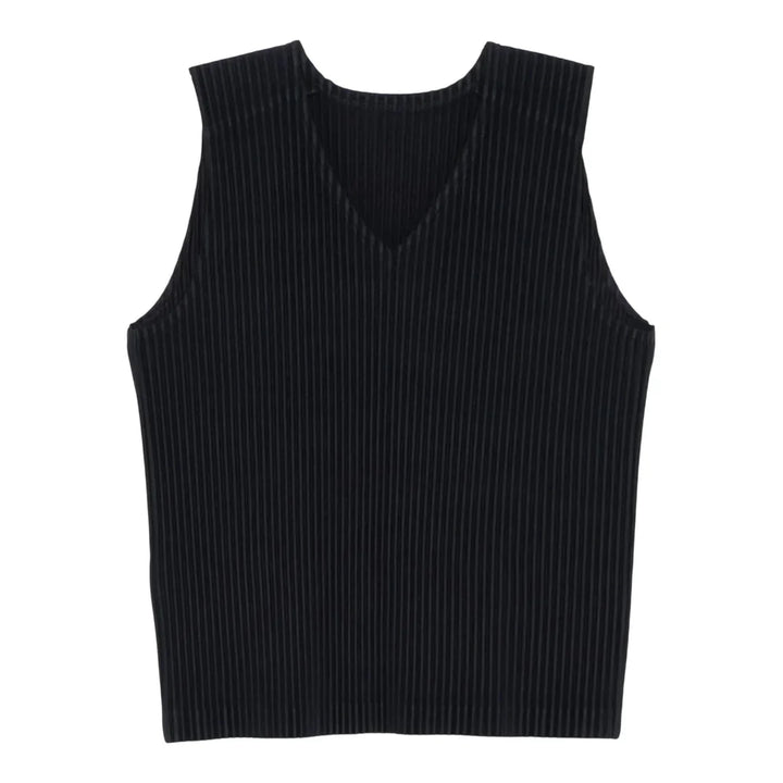 Homme Plissé Issey Miyake black pleated V-neck vest with vertical accordion pleats and sleeveless silhouette, flat lay on white background