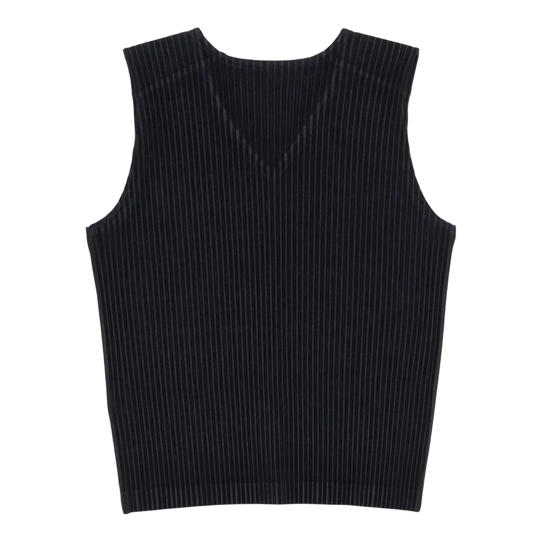 Homme Plissé Issey Miyake black pleated V-neck vest with vertical accordion pleats and sleeveless silhouette, flat lay on white background