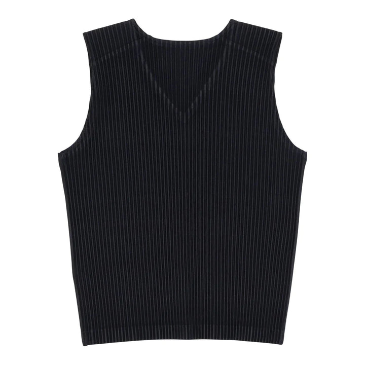 Homme Plissé Issey Miyake black pleated V-neck vest with vertical accordion pleats and sleeveless silhouette, flat lay on white background