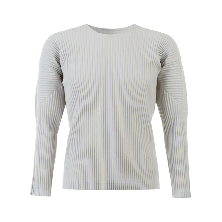 Homme Plissé Issey Miyake Basic Long Sleeve Tee in light grey with vertical pleating and crew neckline, flat lay on white background