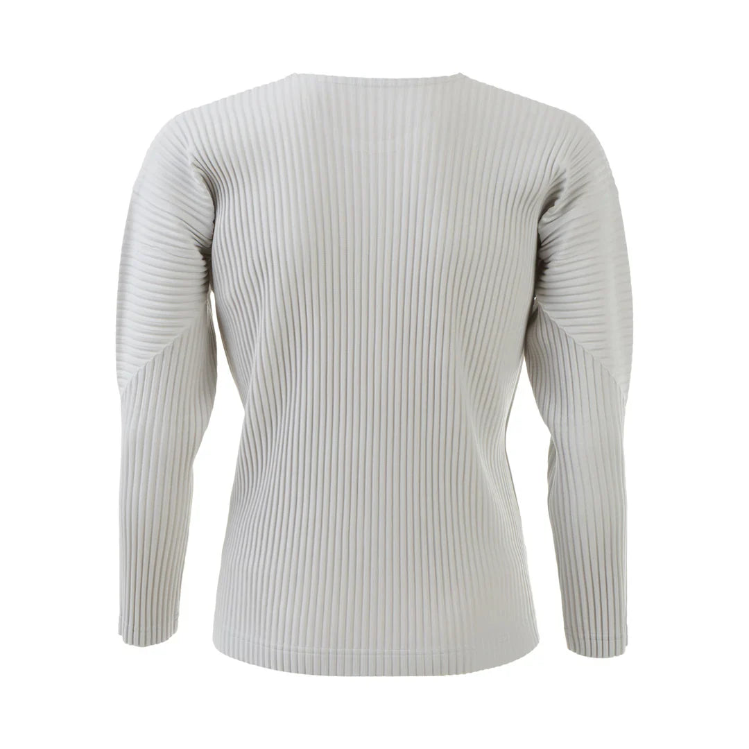 Homme Plissé Issey Miyake Basic Long Sleeve Tee in light grey with vertical pleating and crew neckline, flat lay on white background