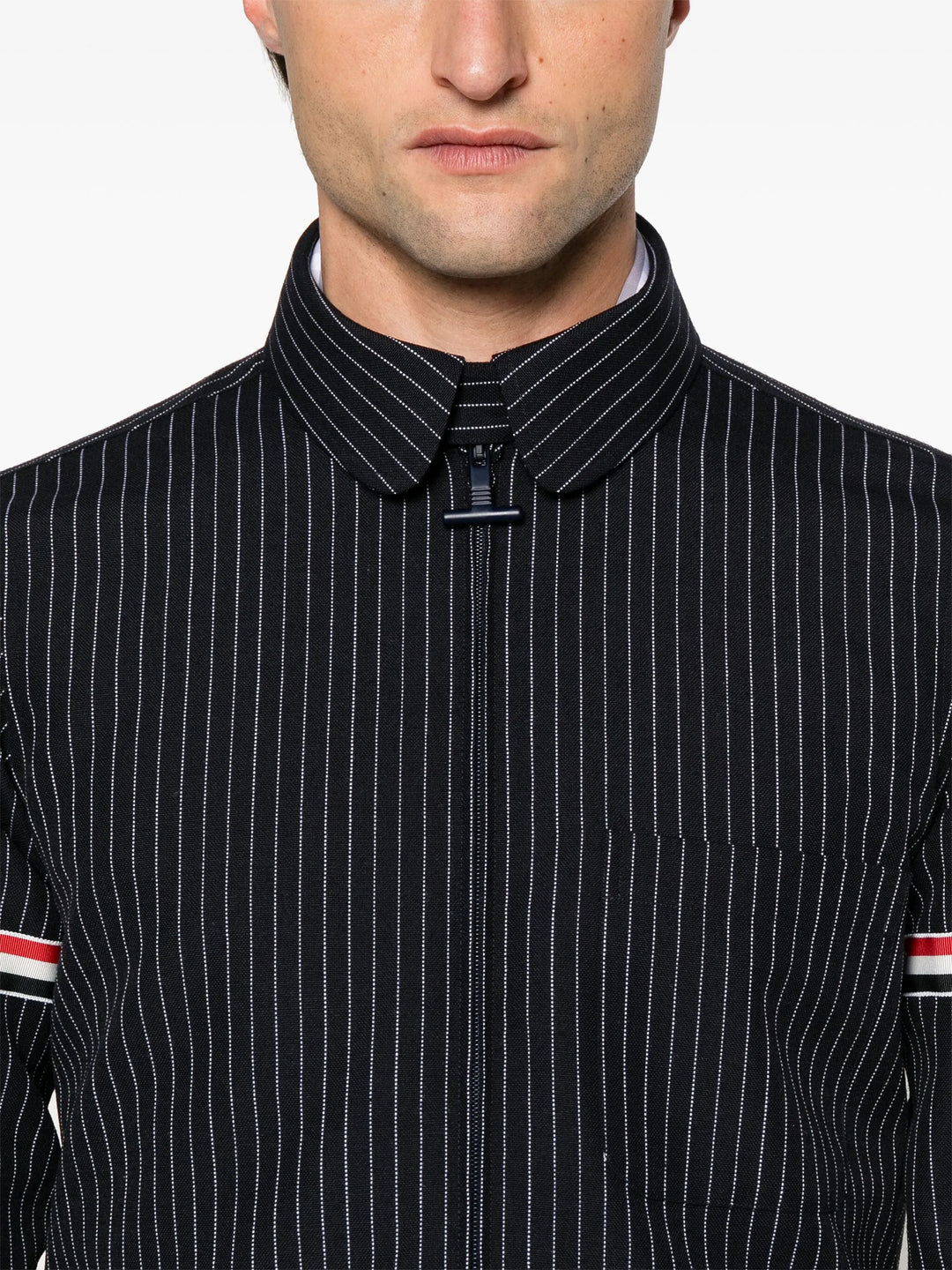 Pinstripe High Twist Wool Zip Up Shirt Men