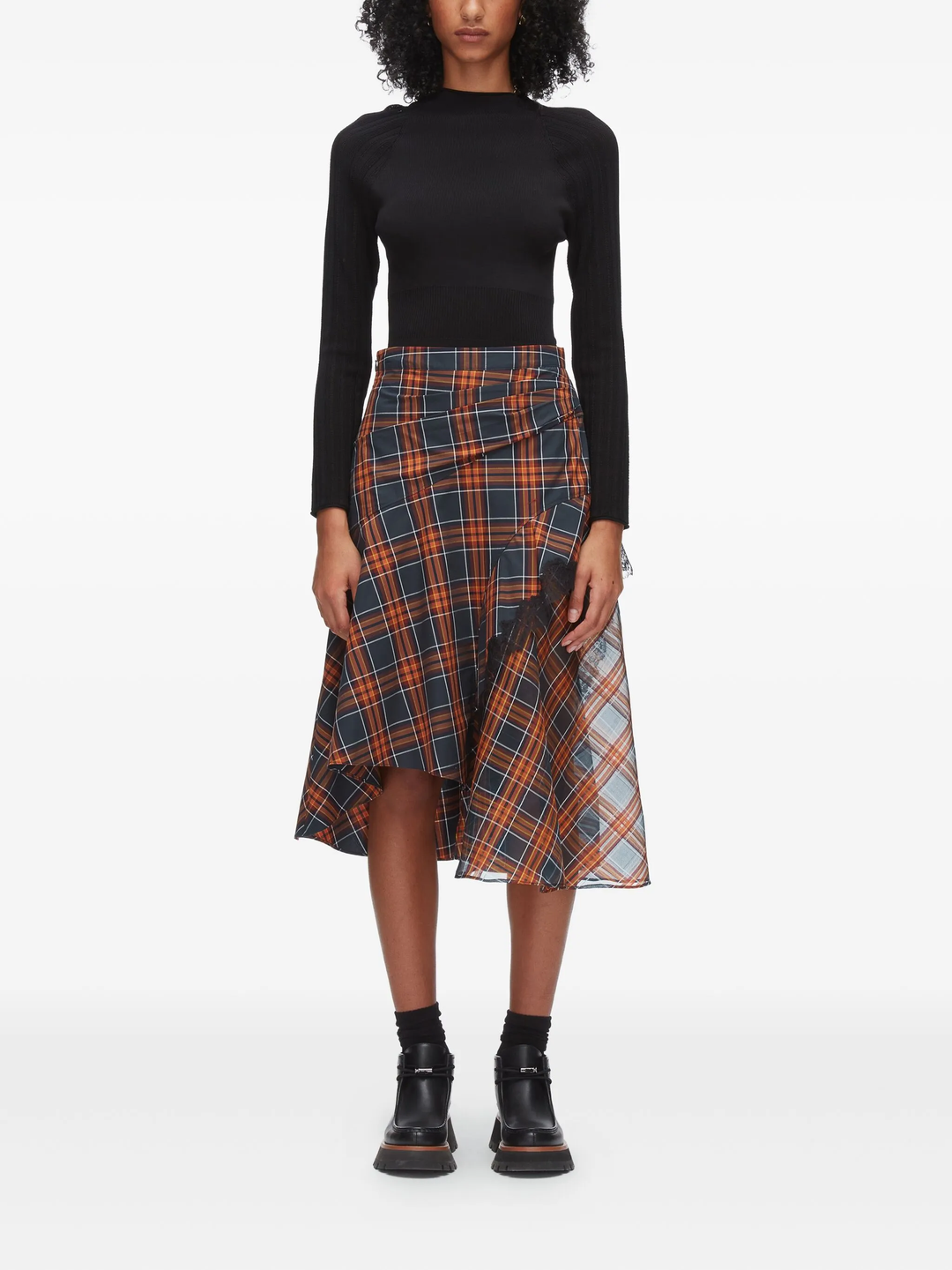 Plaid Mix Draped Midi Skirt