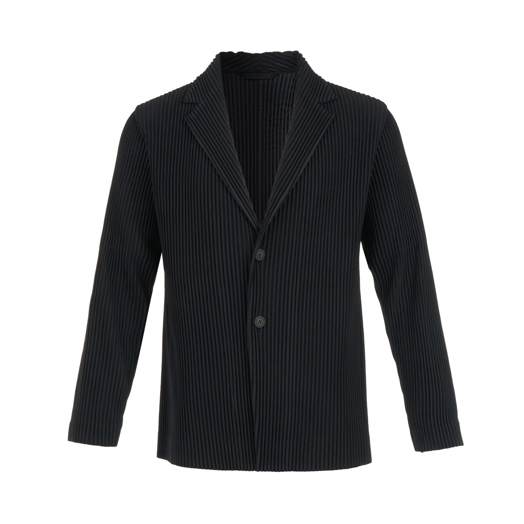 Homme Plissé Issey Miyake black pleated two-button blazer with notched lapels and all-over vertical pleated texture, front view on white background