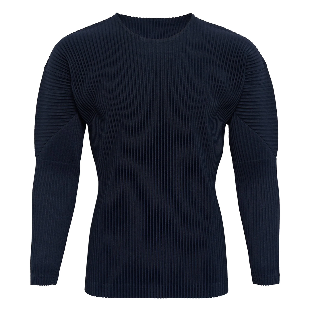 Homme Plissé Issey Miyake navy pleated long sleeve crew neck top with all-over vertical pleating on body and sleeves