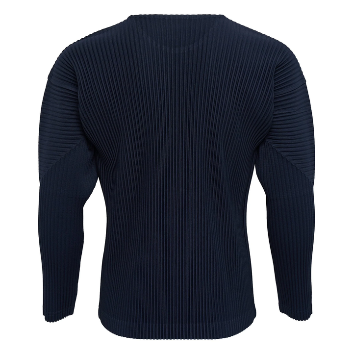 Homme Plissé Issey Miyake navy pleated long sleeve crew neck top with all-over vertical pleating on body and sleeves