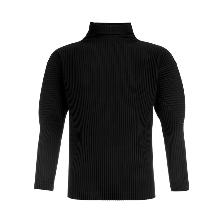 Homme Plissé Issey Miyake black micro-pleated long sleeve turtleneck, rear view showing signature accordion-pleat texture across body and sleeves