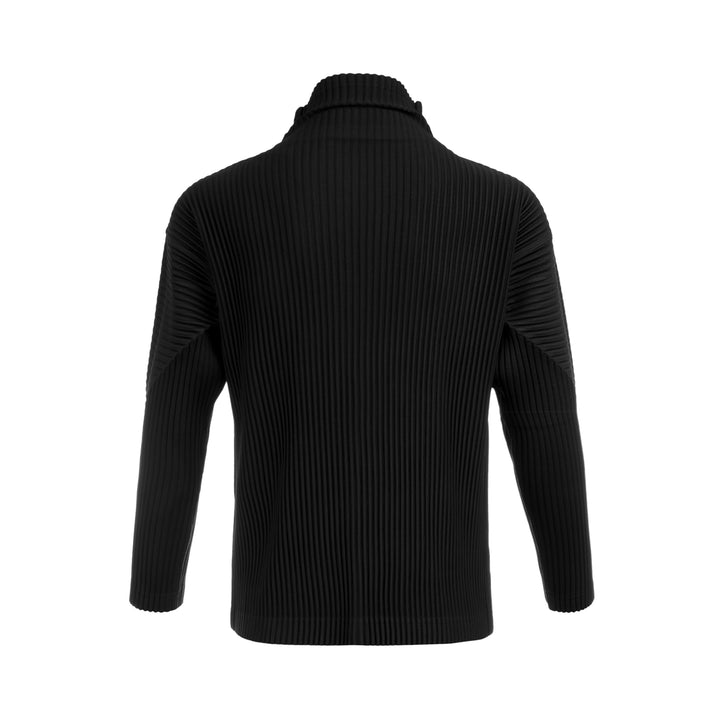 Homme Plissé Issey Miyake black micro-pleated long sleeve turtleneck, rear view showing signature accordion-pleat texture across body and sleeves - view 2